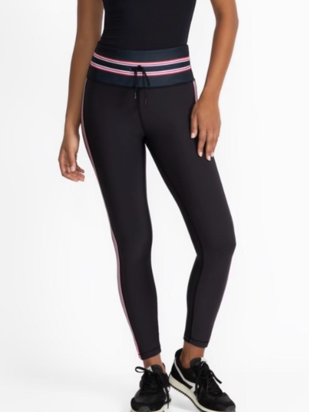 Johnny Was NWT {$165} Bee ActiveHigh-Waist Black Leggings with Pink Stripe XS